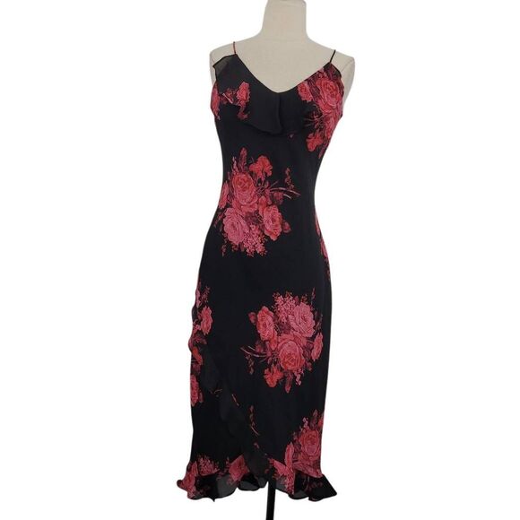 Y2K Express Midi Slip Dress Sz 7/8 Black Red Floral Ruffle High Low Dark Romanti - Picture 1 of 10